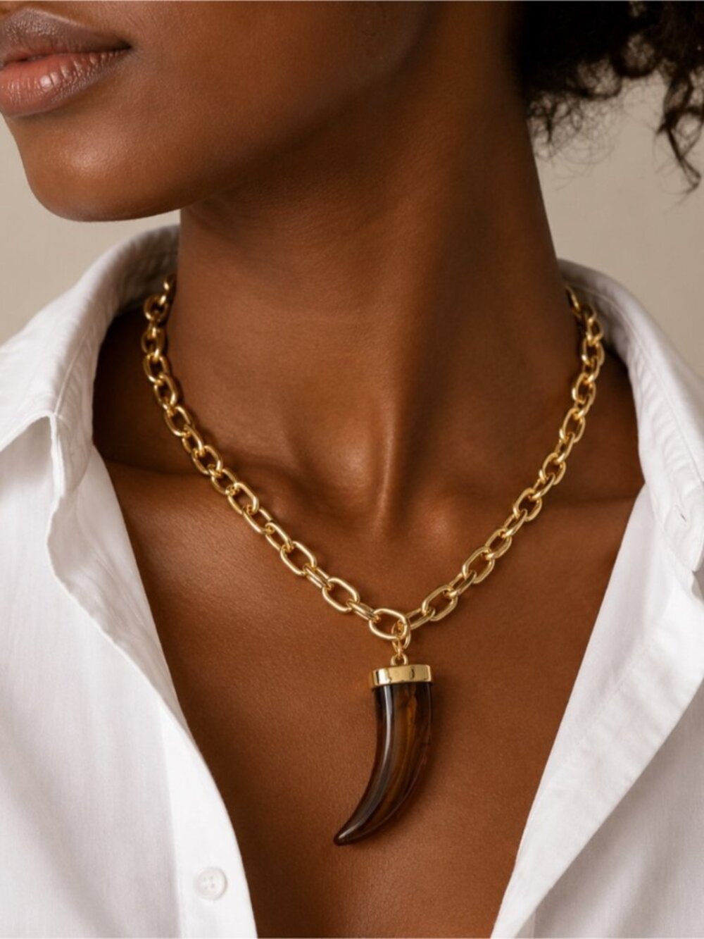 New! Amber Resin Tooth Gold Chain Necklace NWOT
